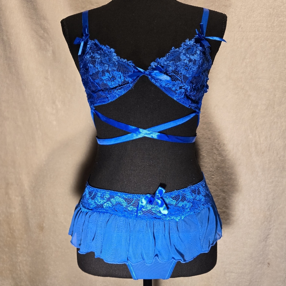 ELECTRIC BLUE, 3 PCS. LACE, RIBBON, BRA, PANTY, SKIRT